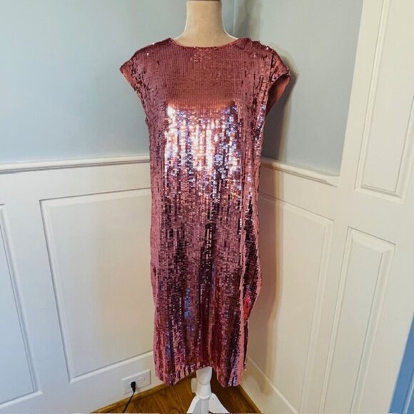 Maeve by Anthropologie Pink Sequin Kara Popover Midi Dress Small - Picture 2 of 8